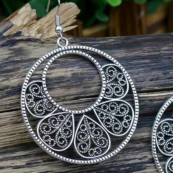 Filigree Oversized Silver Hoop Earrings - Picture 9 of 10